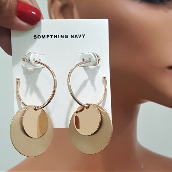 Something Navy Jewelry - SOMETHING NAVY DOUBLE DISC DROP HOOP EARRINGS GOLD